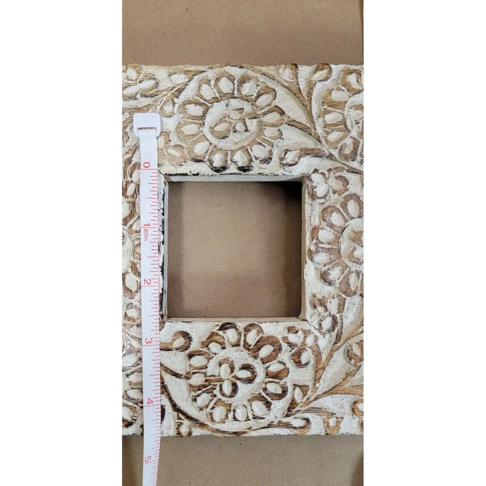 Hand Carved Floral Wood Picture Frame Square Whitewash Boho Rustic 6.5x6.5